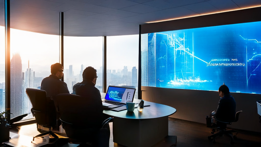 在现代化办公室中，员工们正使用AI润色工具优化邮件内容，阳光透过窗户洒进充满科技感的工作环境。