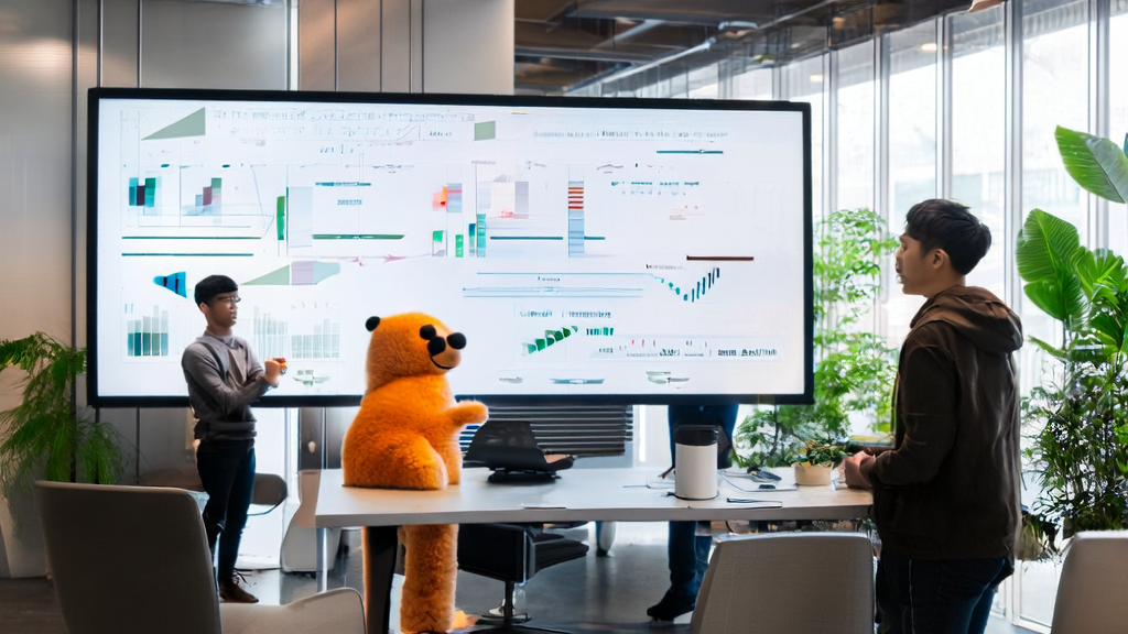 在一个充满科技感的办公室里，团队围绕智能屏幕讨论ChatGPT优化的邮件营销策略，旁边是实时数据图表和一只戴着大檐帽的羊毛毡大熊猫。