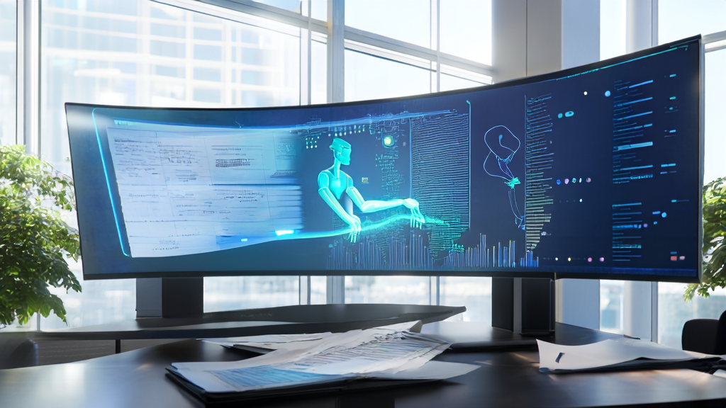 Modern office scene combining AI email marketing with digital person technology