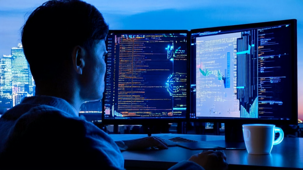 A programmer in a modern office using JD's open-source JoyAgent-JDGenie for AI-optimized email marketing