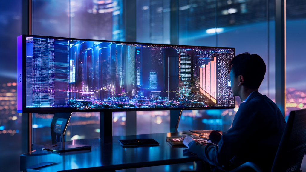 An entrepreneur using Kimi K2-0905 for AI email marketing in a modern office with a city night view background.