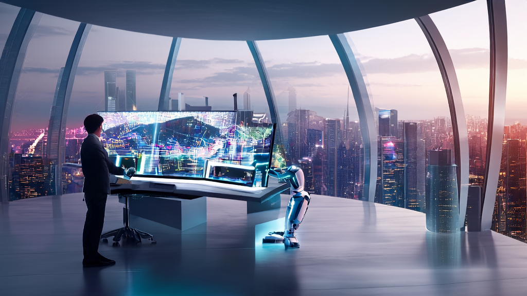 A futuristic office where a marketing expert uses Kimi-Researcher for AI-optimized email marketing