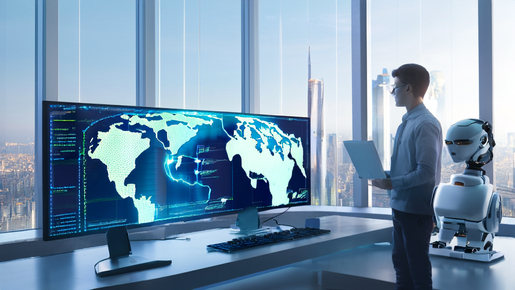 Programmer in a futuristic office using M3-Agent-Control to optimize AI email marketing strategies