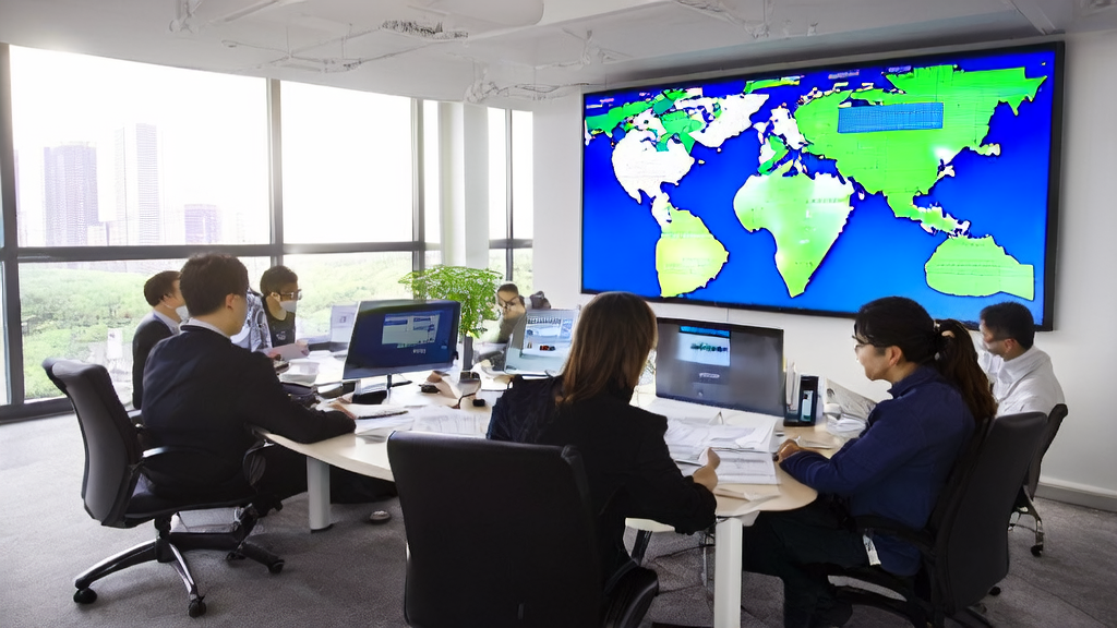 Employees in a modern office using Tongyi APP for AI email marketing and multilingual translation