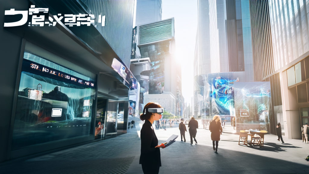A woman wearing Xiaomi AI glasses checks emails on the street, surrounded by smart billboards and modern buildings.