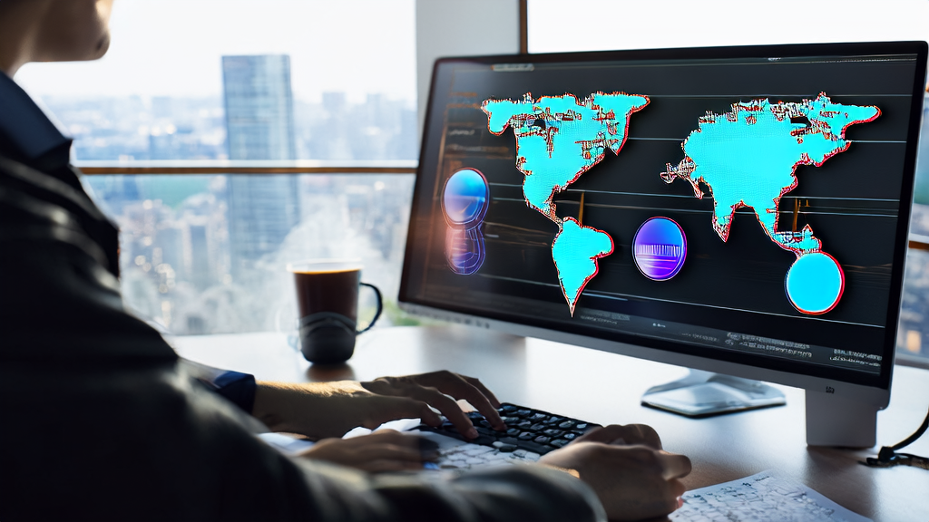 An export business representative using AI email optimization tools in a modern office with a world map background