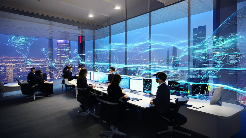 未来感办公室中员工使用AI邮件润色技术进行高效营销