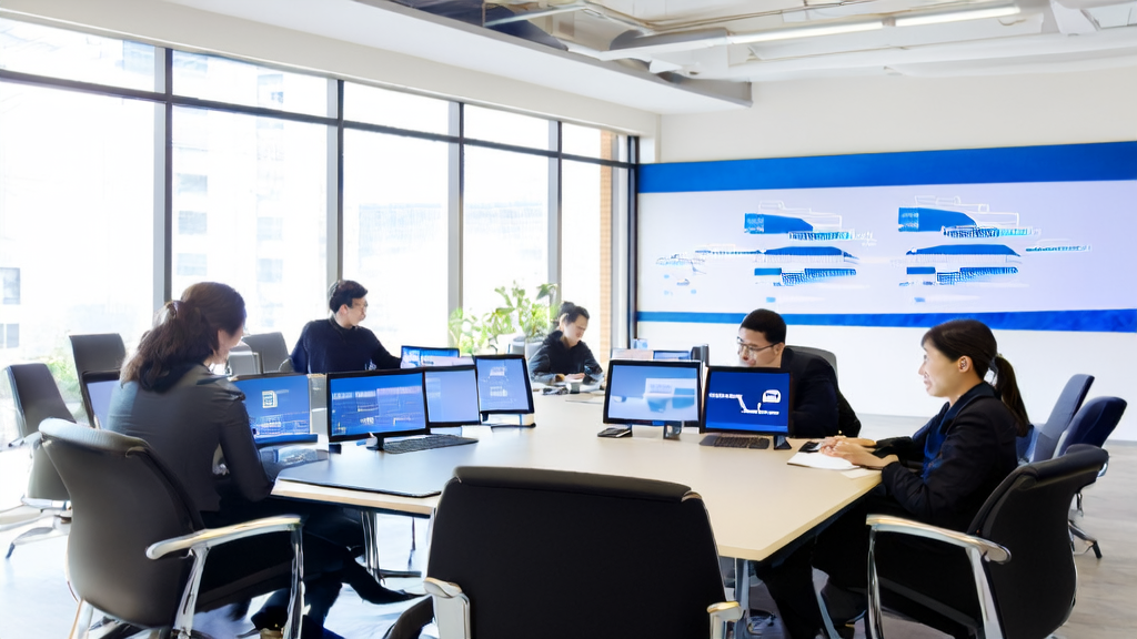 员工们在阳光明媚的办公室中使用AI邮件润色工具优化邮件内容，提升品牌形象