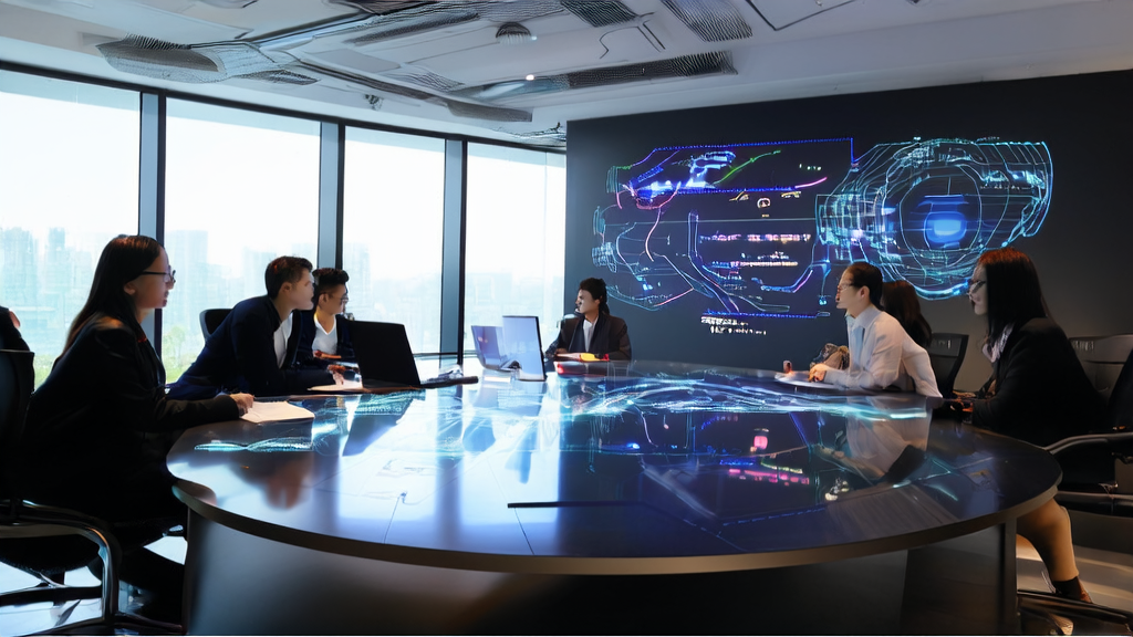 未来办公室中，业务员们正在讨论由AI优化的外贸邮件，背景墙上展示了Emu3.5大模型的工作流程。