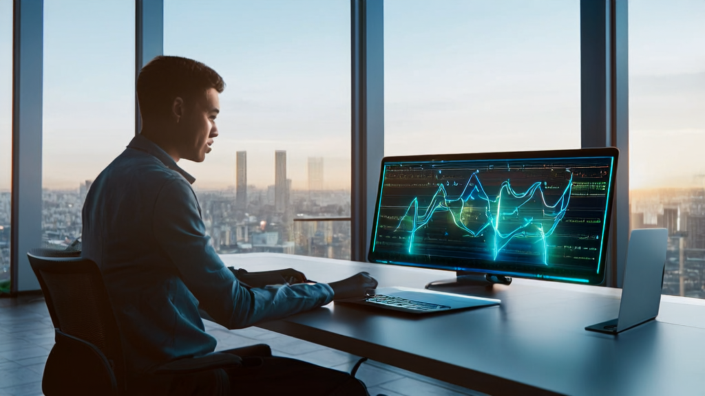 年轻职场人士在现代化办公室中使用AI邮件润色工具提升品牌形象