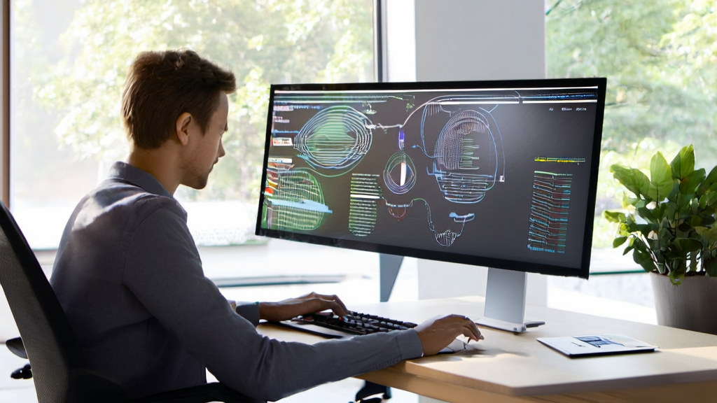 Professional scene of using AI email polish tool in a modern office