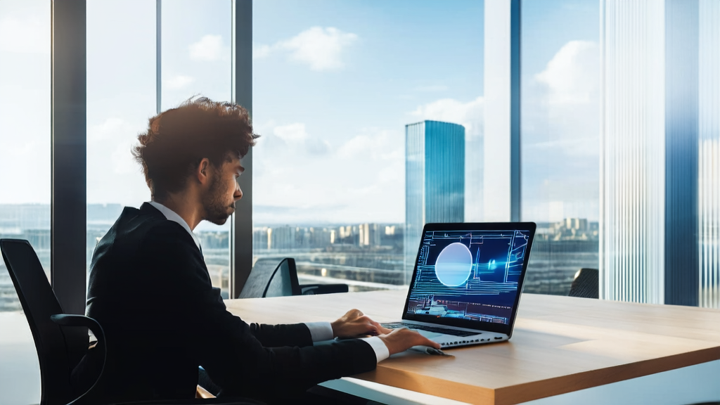 Business professional using AI email polish tool in a modern office environment