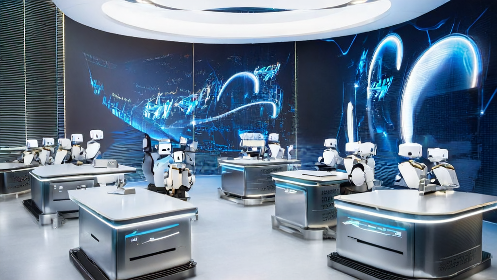 Intelligent robots collaborating on emails in a futuristic office, showcasing the application of AI email polish tools