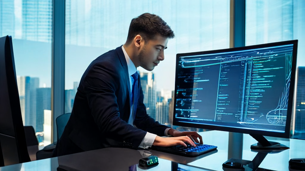 Young professional using AI email polishing tools in a modern office to enhance brand image and customer satisfaction