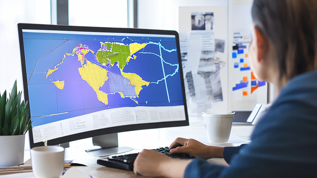An employee of an export-oriented company uses AI email polishing tools to enhance email marketing effectiveness, with a cup of hot coffee and a notebook on the desk, and an artistic painting symbolizing AI technology achievements on the background wall.
