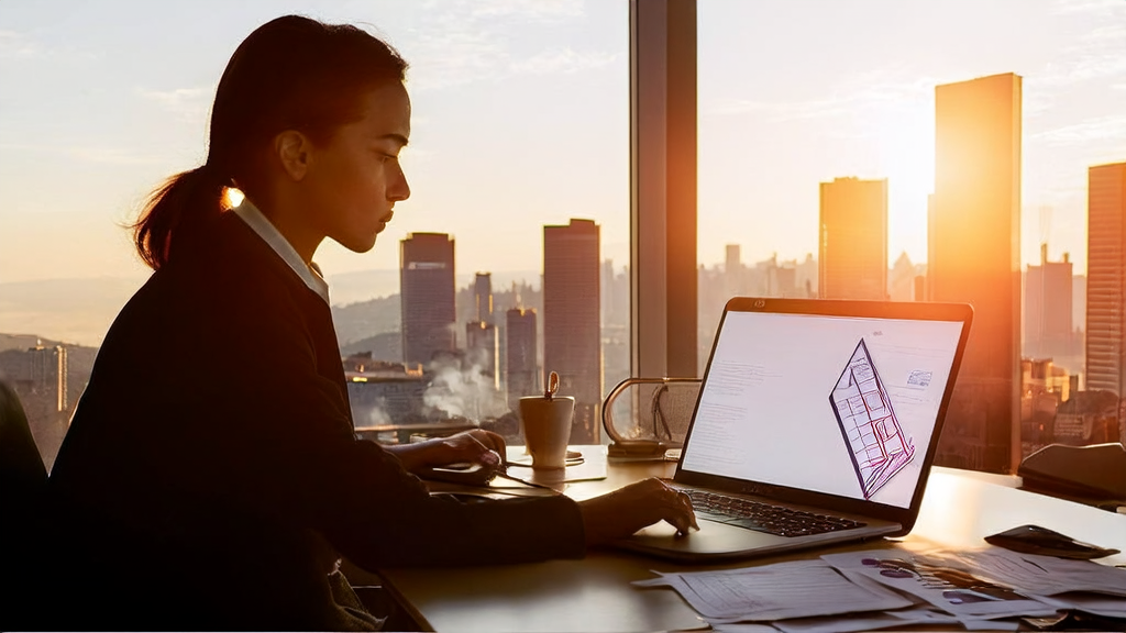 An international trade specialist using AI email polishing tools to enhance email quality, set against a backdrop of a modern office and city skyline