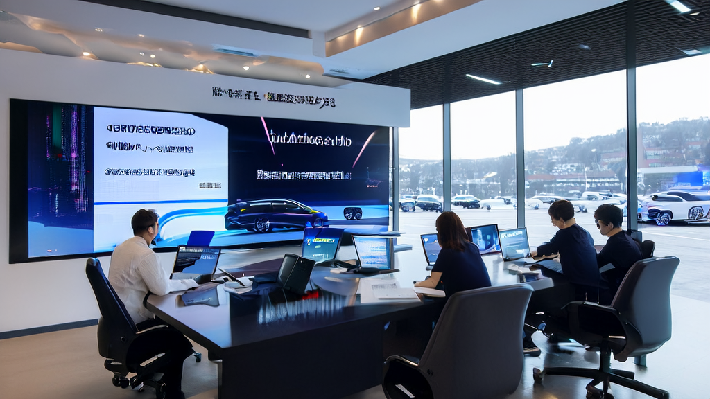 Employees in a modern office using AI email polishing technology to optimize overseas marketing emails, with the background showcasing the launch of the XPeng G7 Ultra intelligent driving car