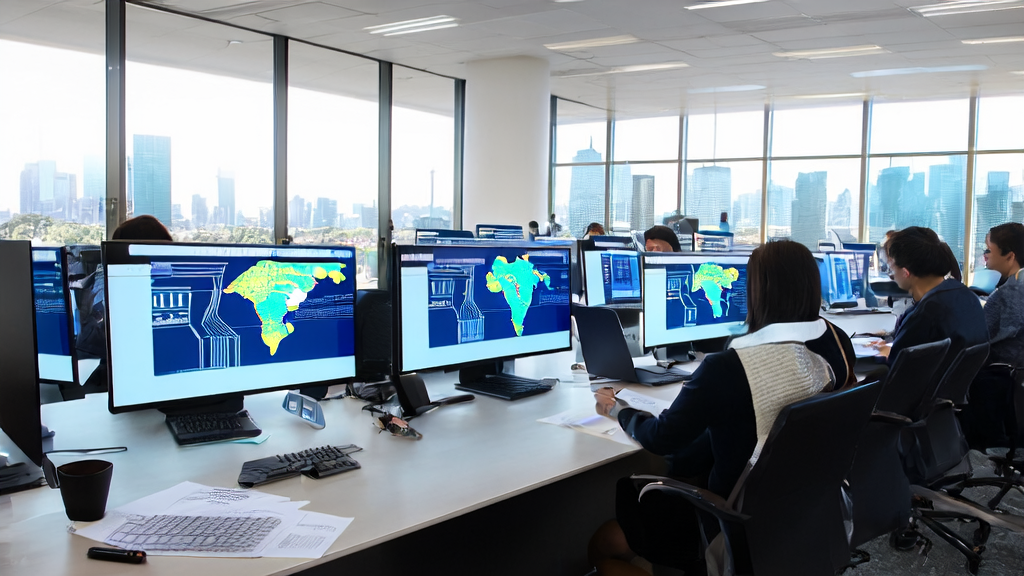 Modern office where export salespeople use AI email polishing tools to optimize email content, enhancing communication efficiency and professional image
