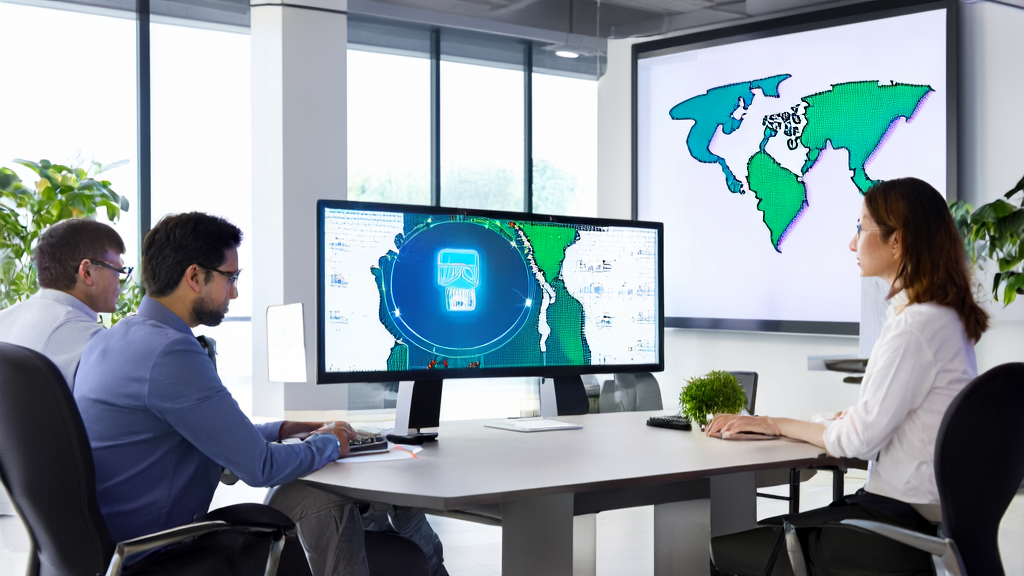 Employees in a modern office using AI email polishing tool to optimize trade emails