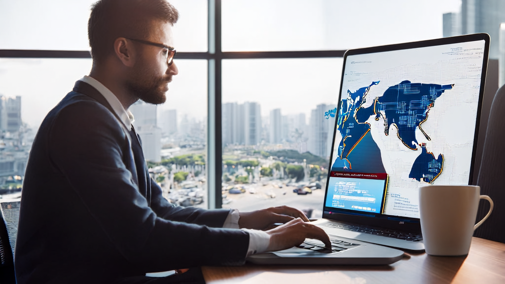 An export enterprise employee using AI email polishing tool in a modern office to optimize email content