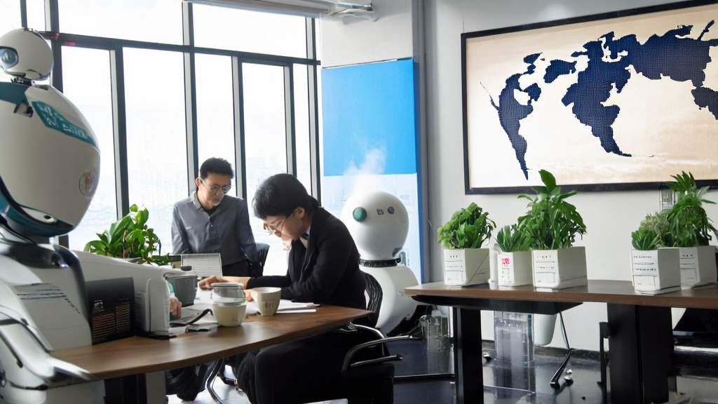 现代化办公室中外贸业务员使用AI邮件润色工具处理邮件的场景