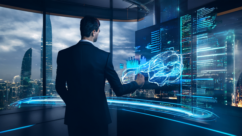 Business professional using AI email polishing tool in a futuristic office