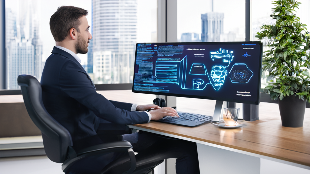 In a modern office, an export trade professional uses AI email polishing tools to optimize email content, enhancing work efficiency and professionalism.