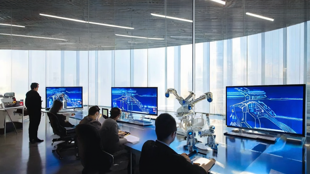 In a modern office bathed in sunlight, employees are using AI email polishing tools to handle international trade emails, enhancing communication efficiency and brand image.