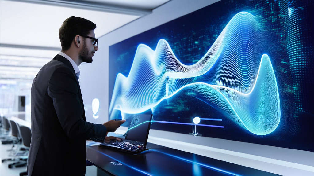 AI email polishing tool enhancing professional image, set in a modern office with 3D printed artwork