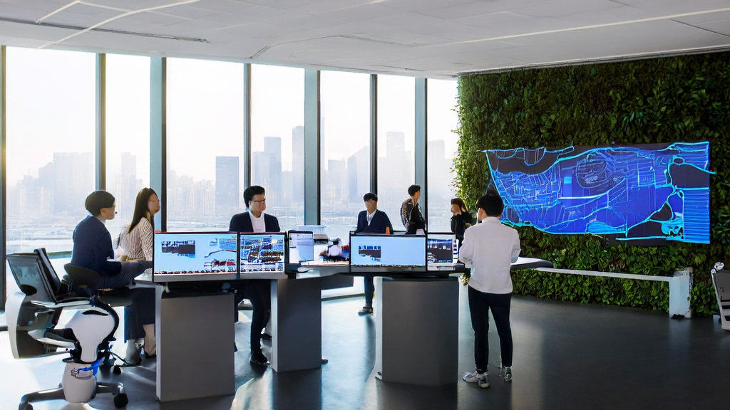 Modern office scene where AI email polishing tool enhances brand image