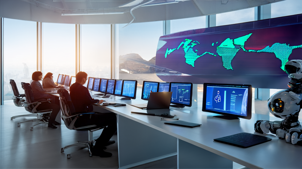 Export business staff using AI email polishing tools in a modern office