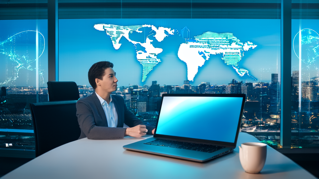 An export business professional using an AI email polishing tool to enhance email quality, set against a backdrop of a modern office and city skyline