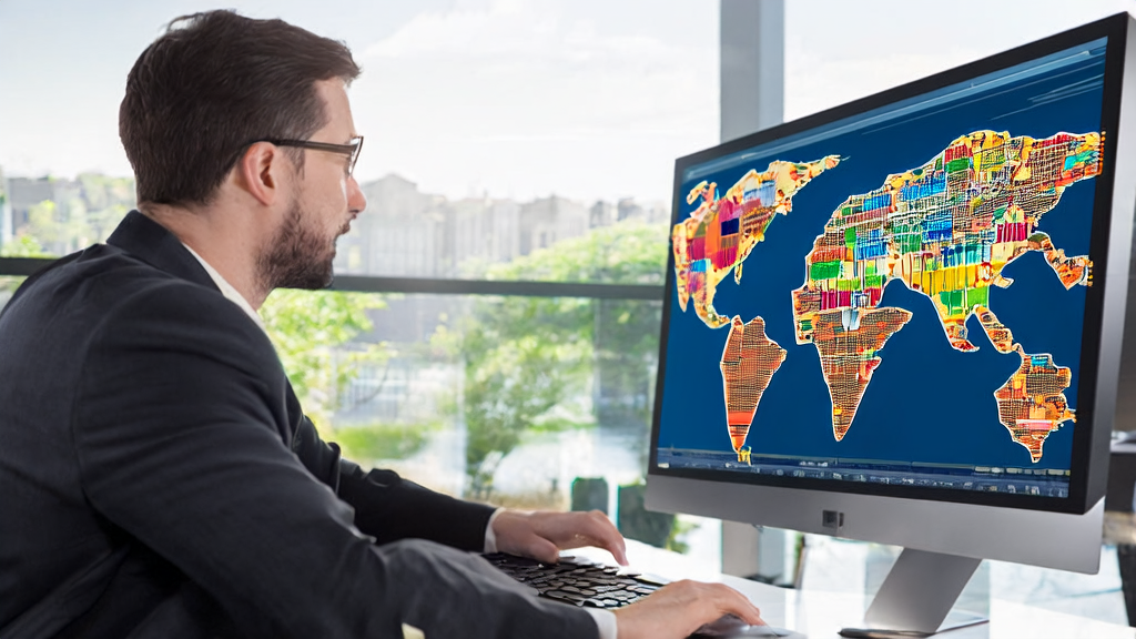 Foreign trade staff using AI email polishing tool to edit emails, with a background of a modern office and world map