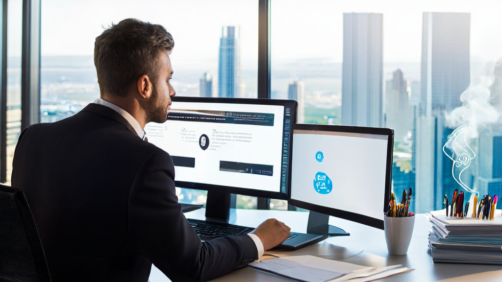 一位商务人士在现代化办公室中使用硅基流动与阿里云合作的AI邮件润色工具编写外贸邮件