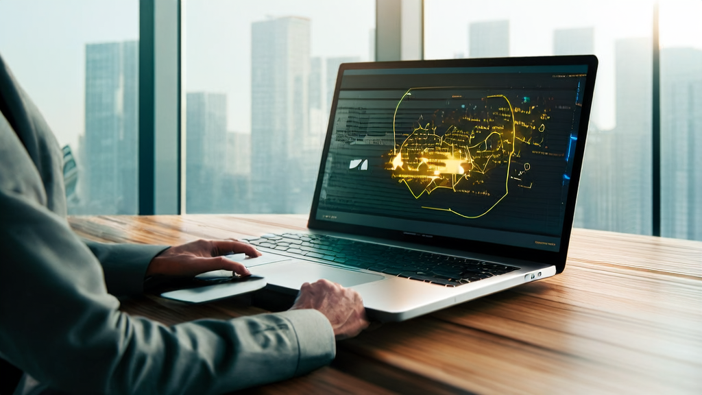 一位商务人士在现代化办公室中使用AI邮件润色工具编写专业电子邮件