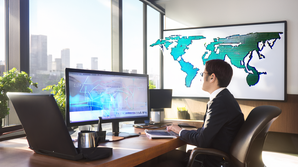 现代化办公室中使用AI邮件润色工具的外贸业务员