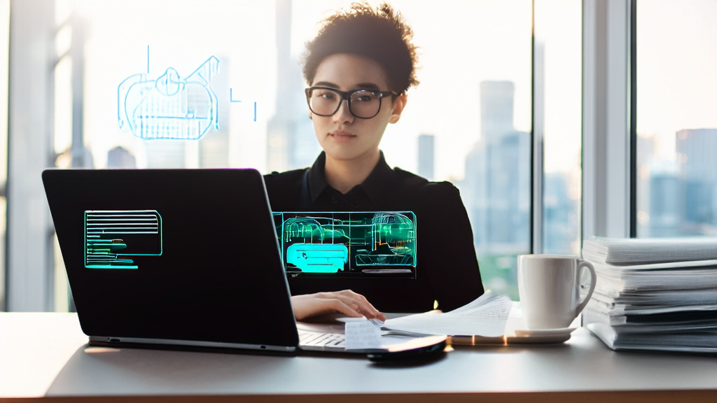 年轻的外贸业务员使用AI邮件润色工具编写邮件，桌上放有咖啡和国际市场调研报告，窗外是城市的繁华景象。