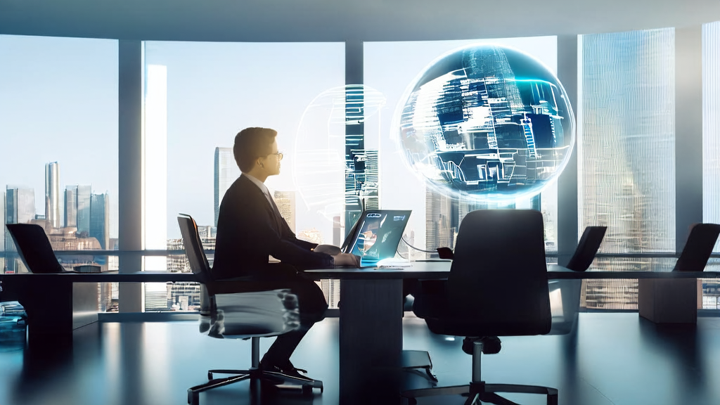 现代办公室中,商务人士使用AI邮件润色工具优化外贸邮件