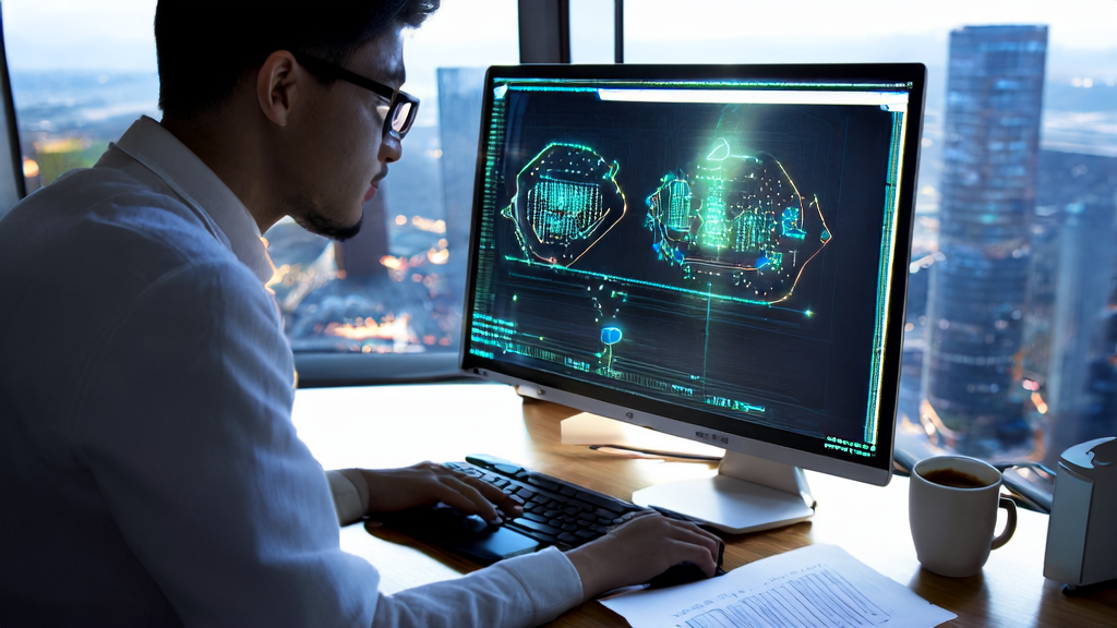Professional using AI email polishing tool in a modern office