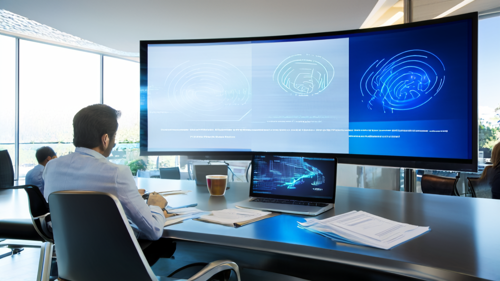 Business professionals using AI email polishing tool in a modern office