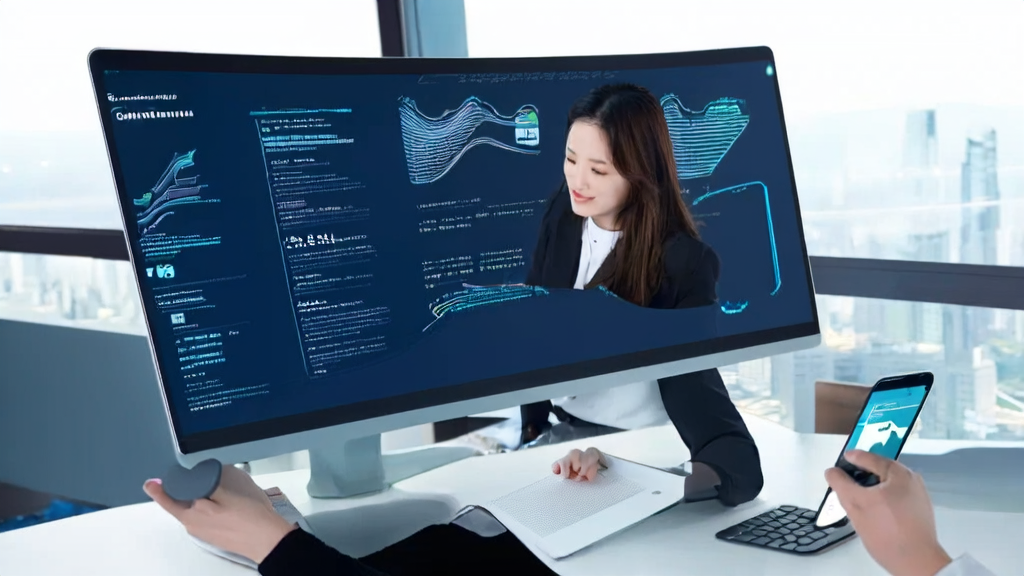 一位员工在现代化办公室中使用AI邮件润色工具处理邮件，并通过AI语音助理接听WhatsApp来电