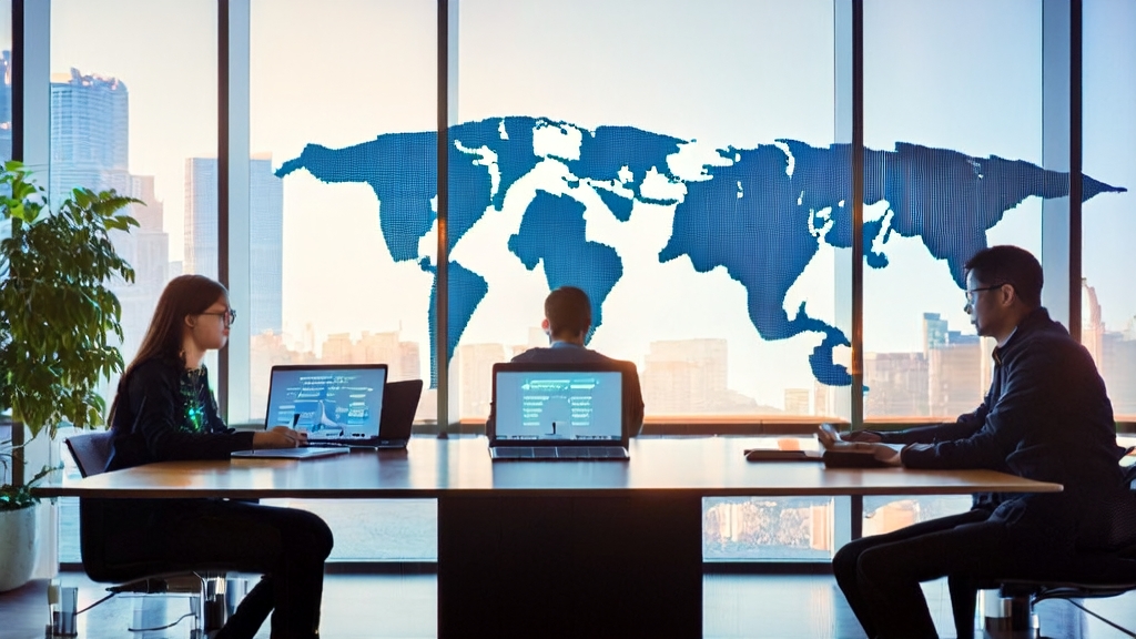 Scene of employees using AI email polishing tool in a modern office to optimize cross-border e-commerce emails