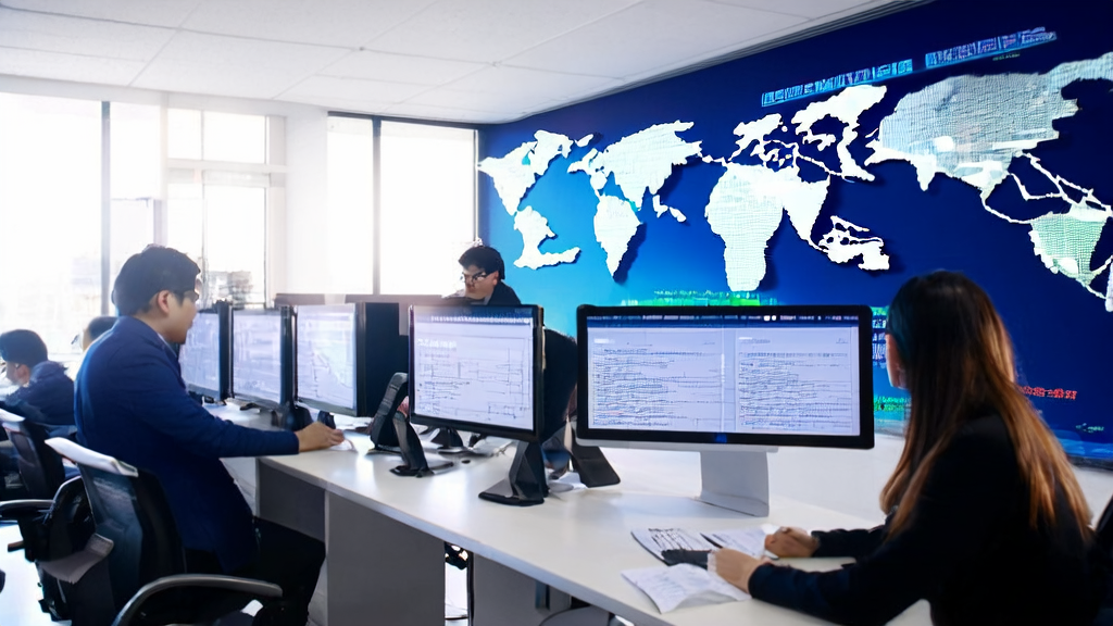Export business staff using AI email polishing tool in a modern office