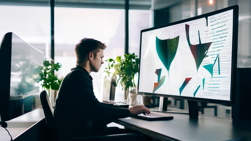 A young entrepreneur using an AI email polishing tool in a modern office, with AI-drawn alphabet book illustrations on the wall