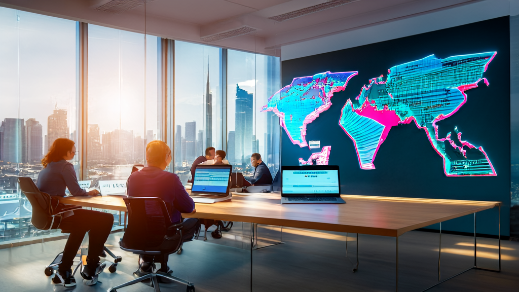 办公室内员工使用AI邮件润色工具讨论提升品牌形象