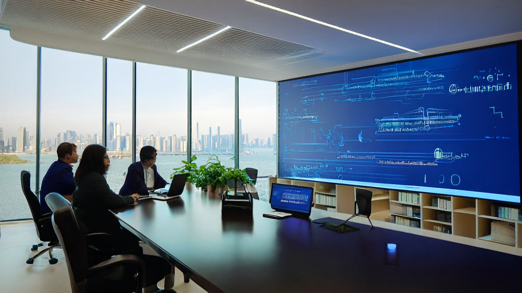 In a modern office, employees are using AI email polishing tools to optimize emails, with sunlight streaming through large windows and the Z Code editor interface displayed on the wall.