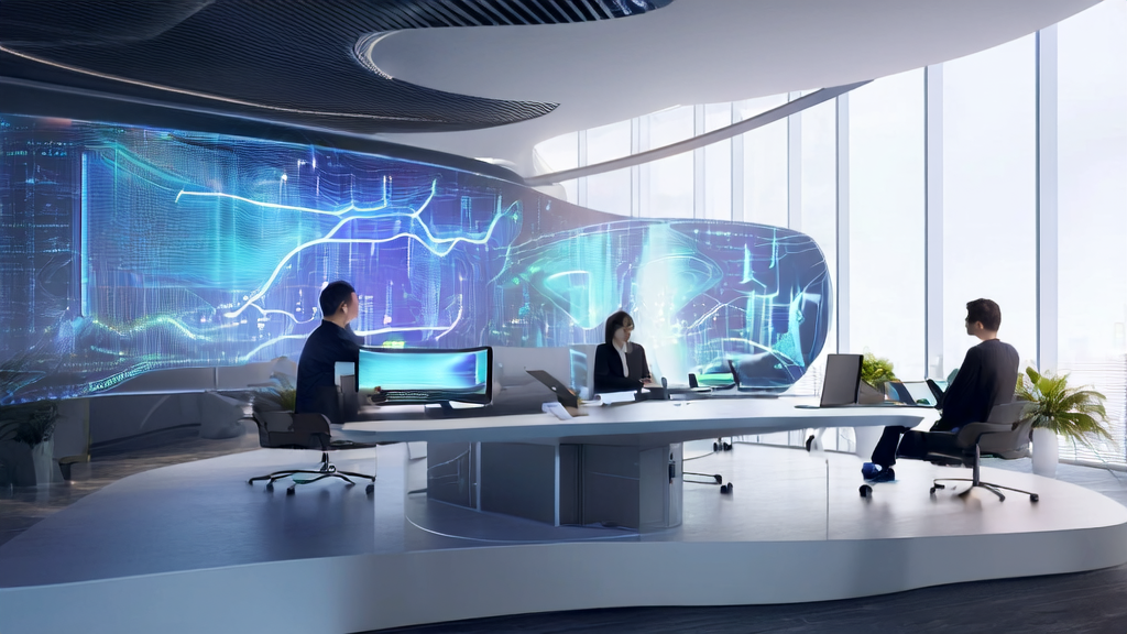 Scene of optimizing email templates using AI technology in a futuristic office