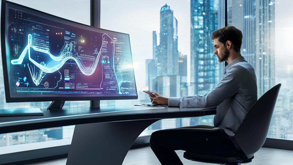 未来科技办公室中的创业者使用AI工具设计个性化邮件模板，背景是繁华的城市景观