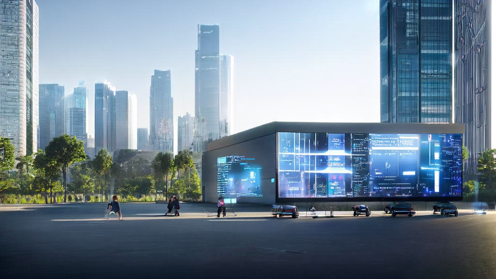 In a futuristic city, office workers generate personalized email templates using AI tools, with the GitHub Spark interface displayed on screens