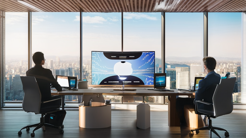 阳光照射下的现代化办公室内，分析师们利用AI中控显示屏和桌面机器人优化广告投放，墙上展示苹果新AI家居设备的海报。
